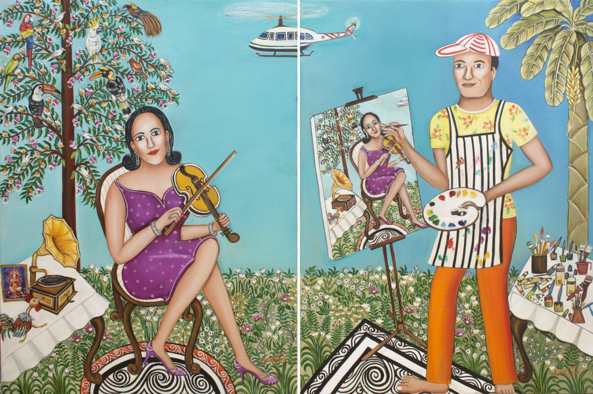 The Talented Violoinist and the Amateur Artist 40 x 30 each Diptych Oil on Canvas